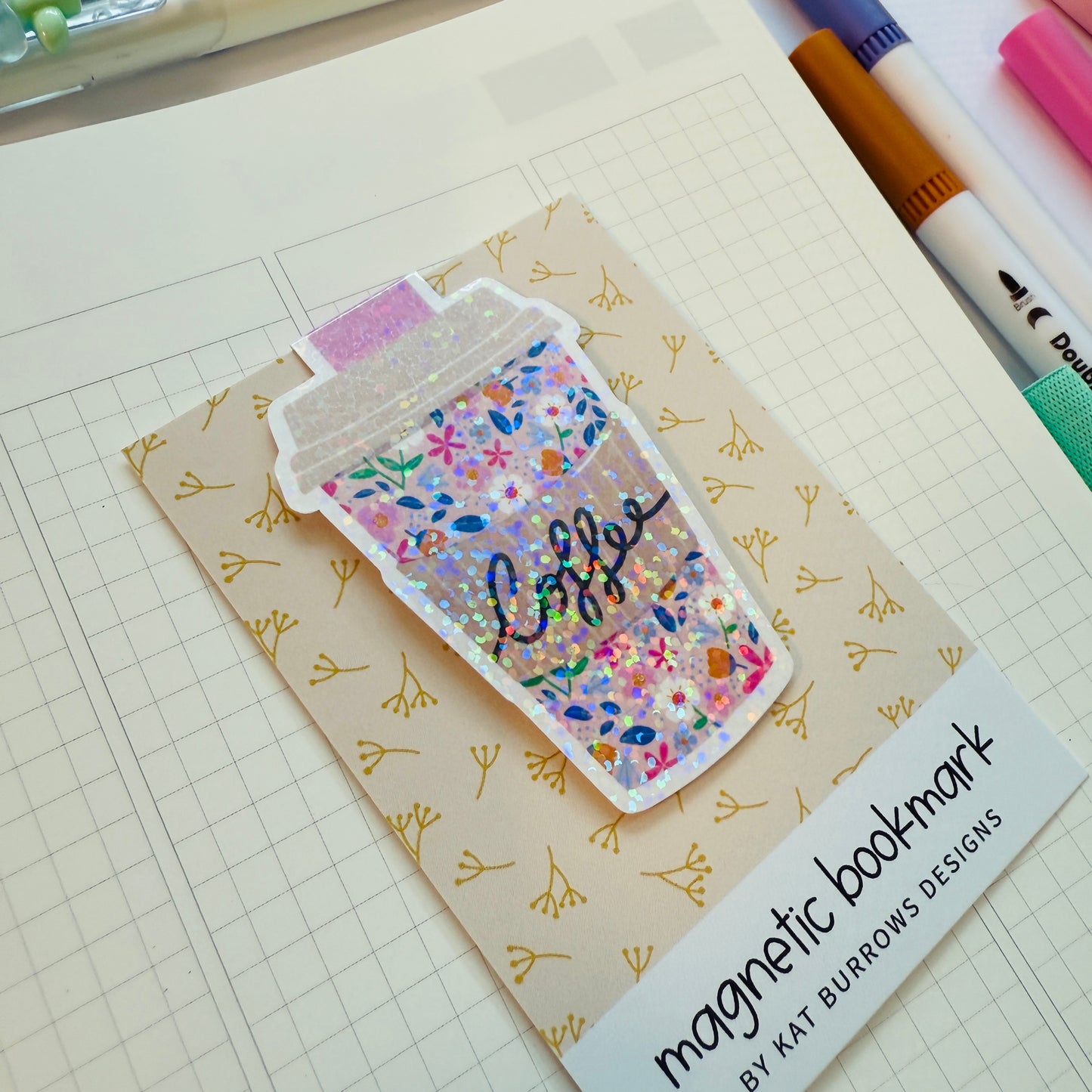 Magnetic Bookmark: Pink Floral Coffee Cup