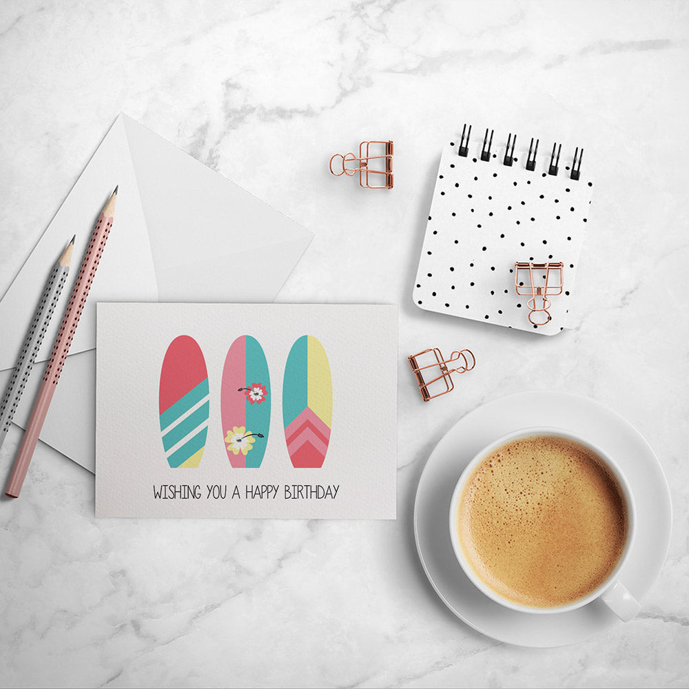 Surfboards Female Greeting Card by mumandmehandmadedesigns- An Australian Online Stationery and Card Shop