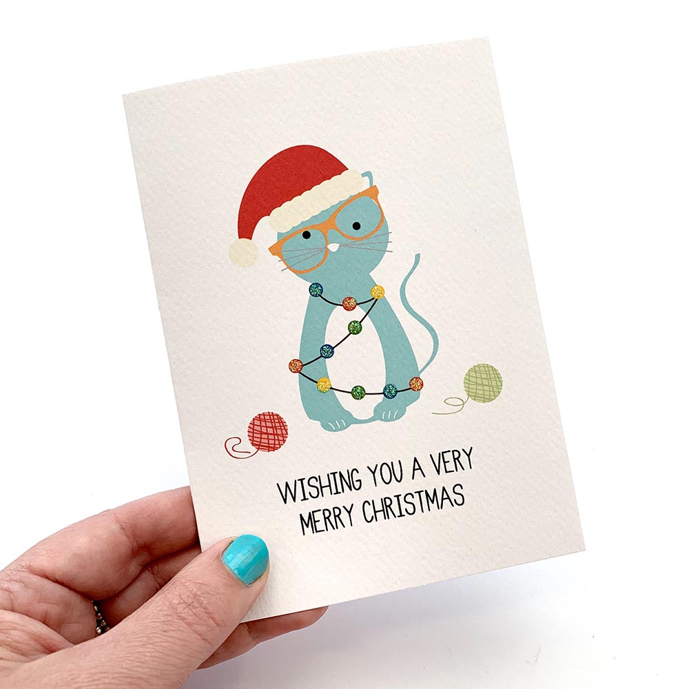 Cat with Christmas Lights Greeting Card by mumandmehandmadedesigns- An Australian Online Stationery and Card Shop