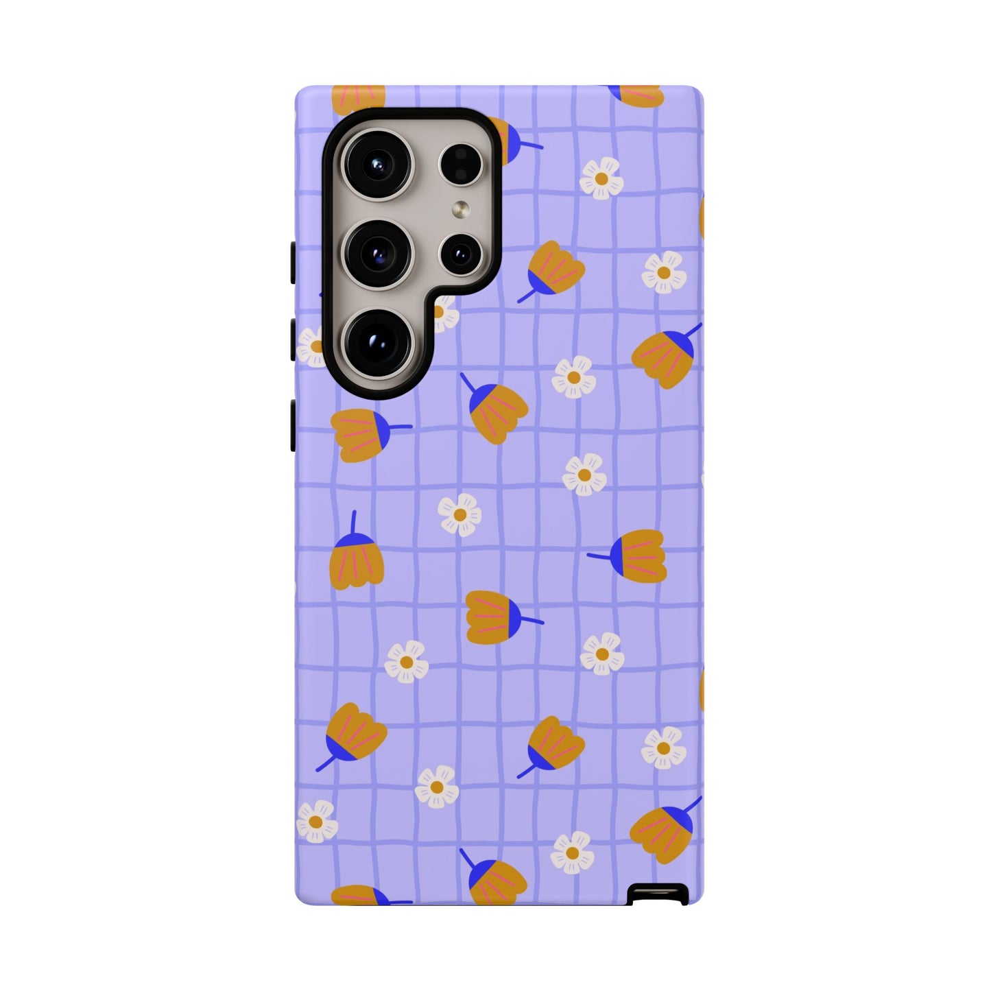 Phone Case: Flowers on Lilac Grid
