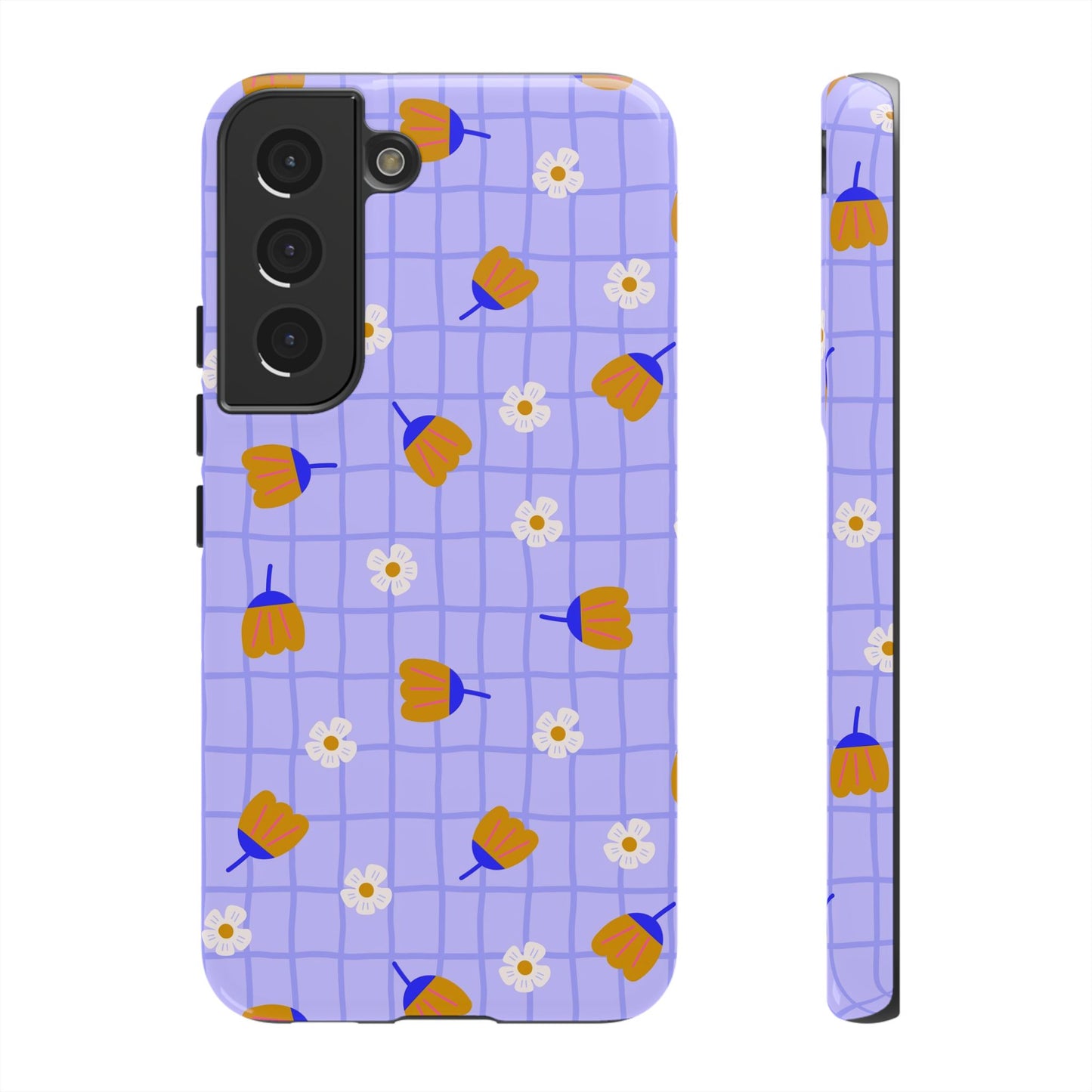 Phone Case: Flowers on Lilac Grid