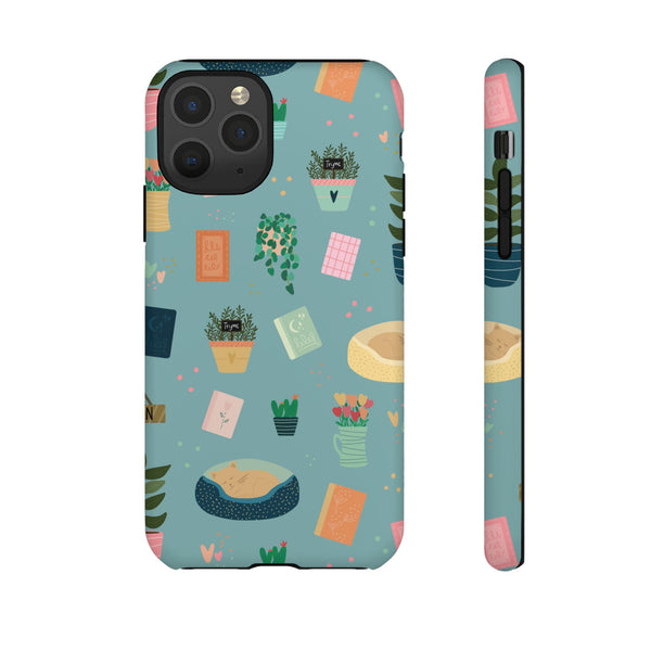 Phone Case: Book Shop Items on Blue