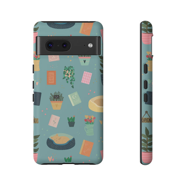 Phone Case: Book Shop Items on Blue