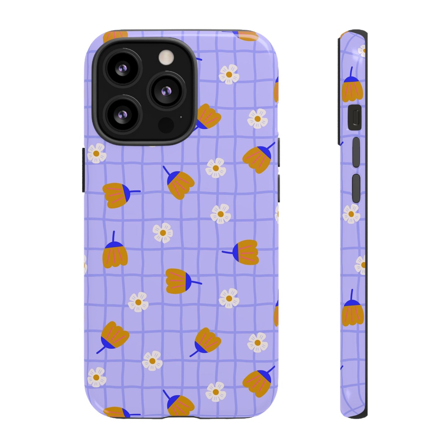Phone Case: Flowers on Lilac Grid