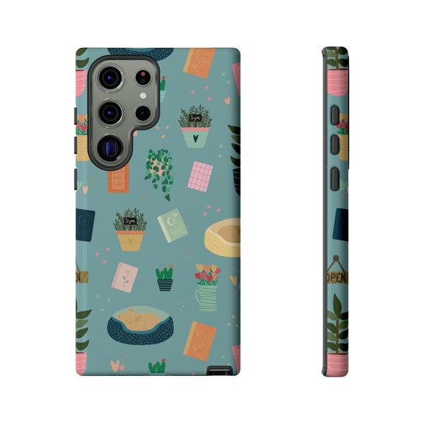 Phone Case: Book Shop Items on Blue