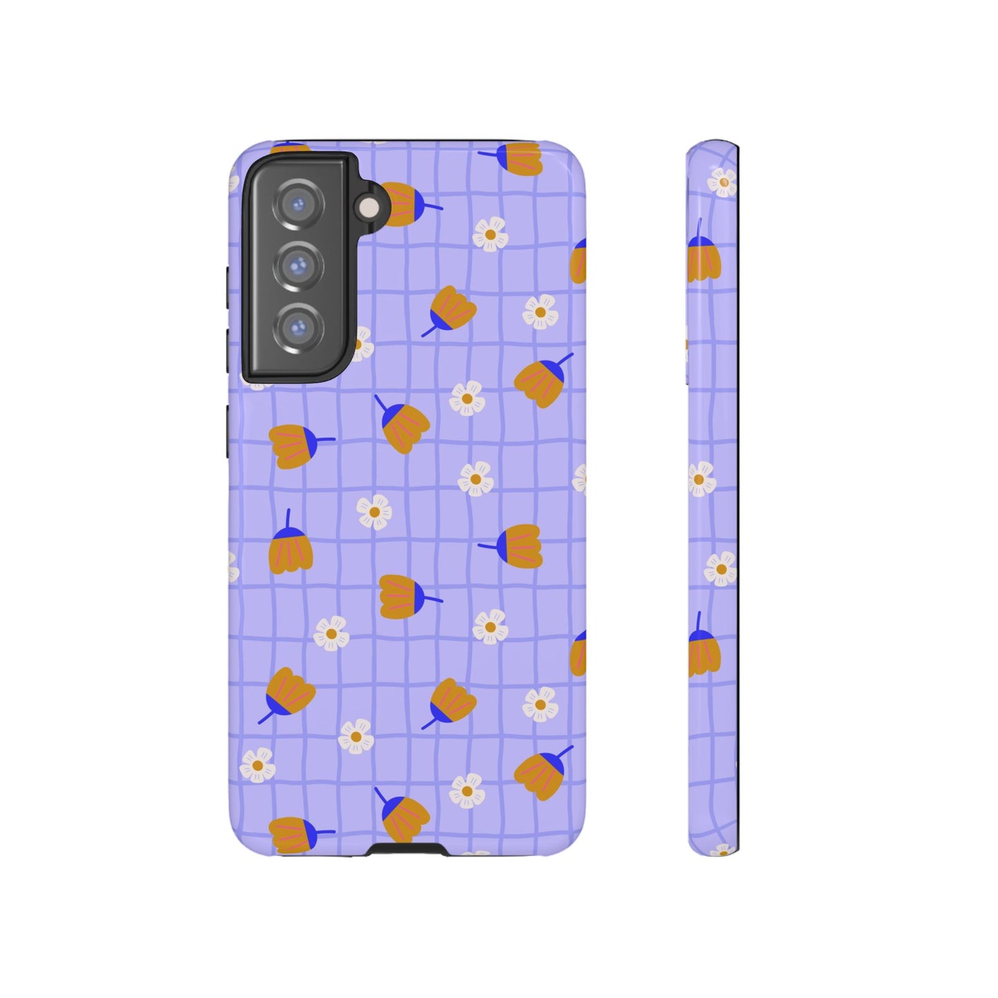 Phone Case: Flowers on Lilac Grid