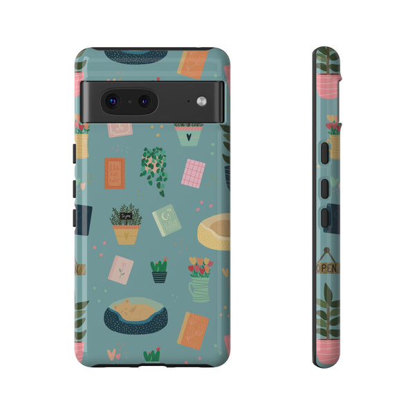 Phone Case: Book Shop Items on Blue
