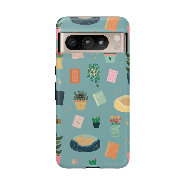 Phone Case: Book Shop Items on Blue