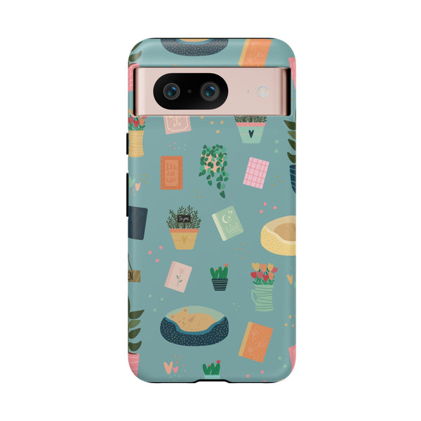 Phone Case: Book Shop Items on Blue
