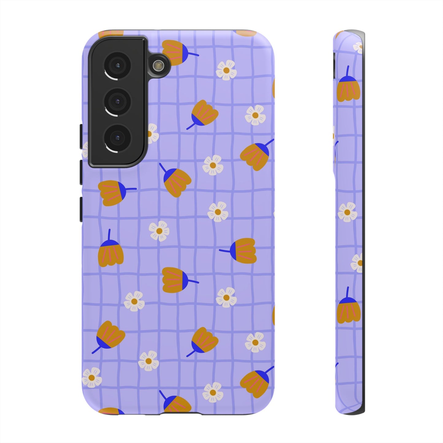 Phone Case: Flowers on Lilac Grid