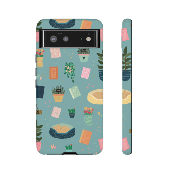 Phone Case: Book Shop Items on Blue