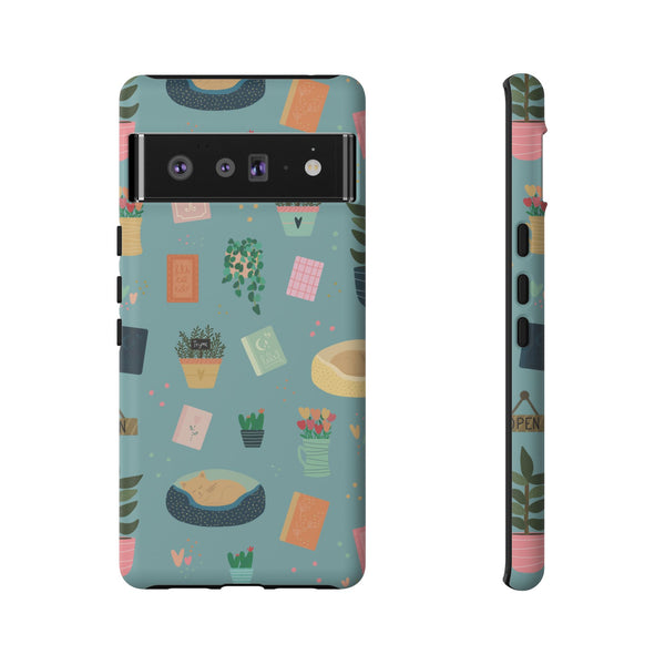 Phone Case: Book Shop Items on Blue
