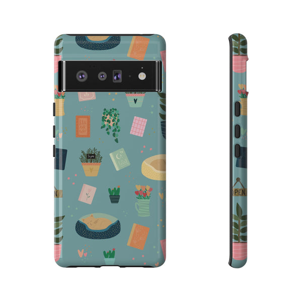 Phone Case: Book Shop Items on Blue