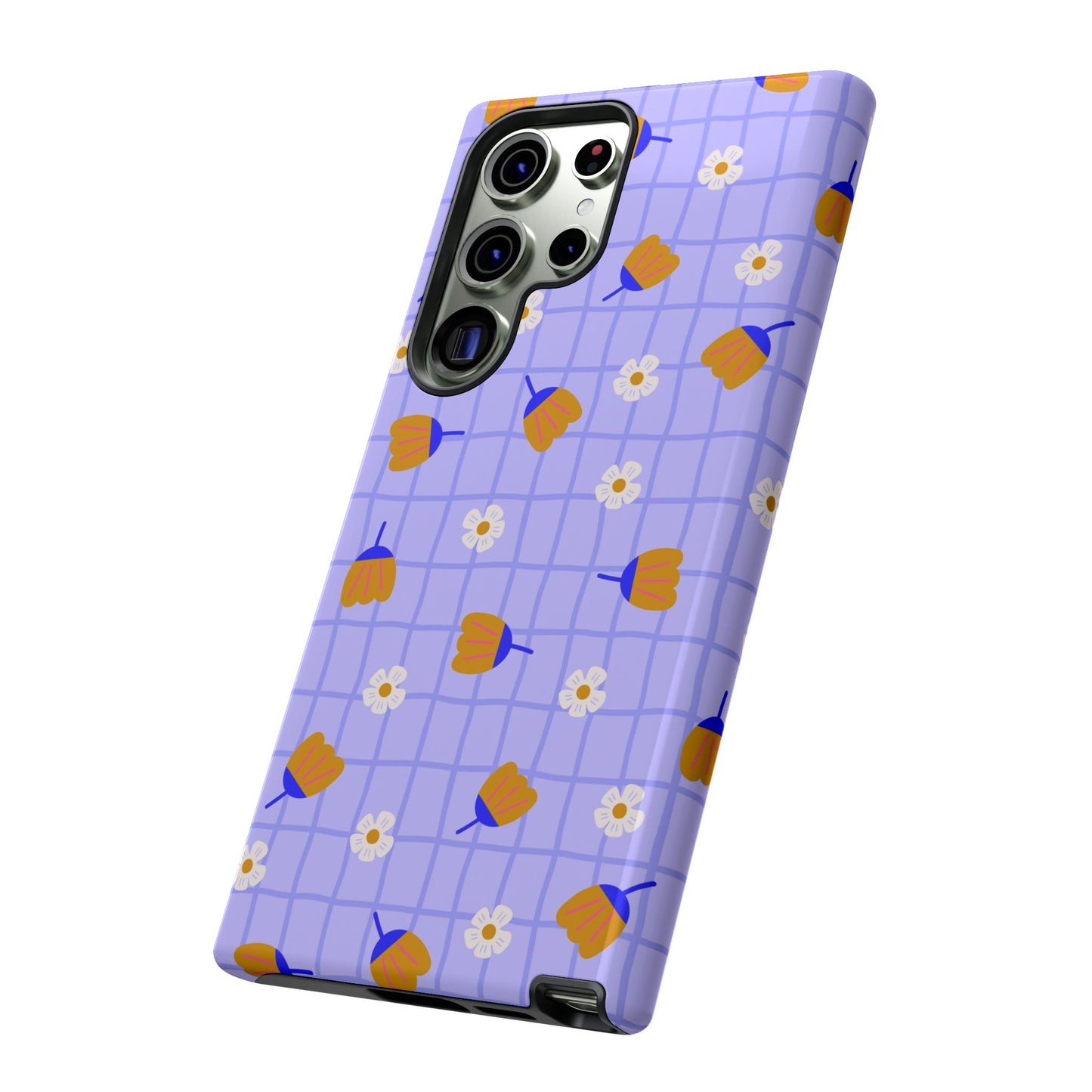 Phone Case: Flowers on Lilac Grid