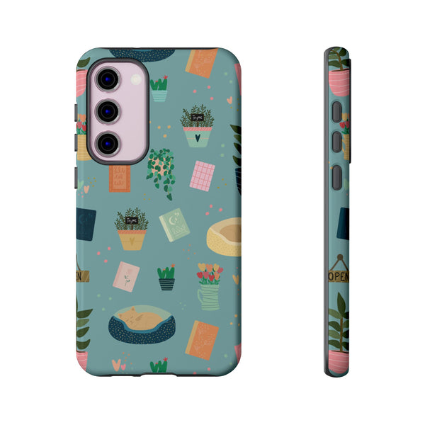 Phone Case: Book Shop Items on Blue