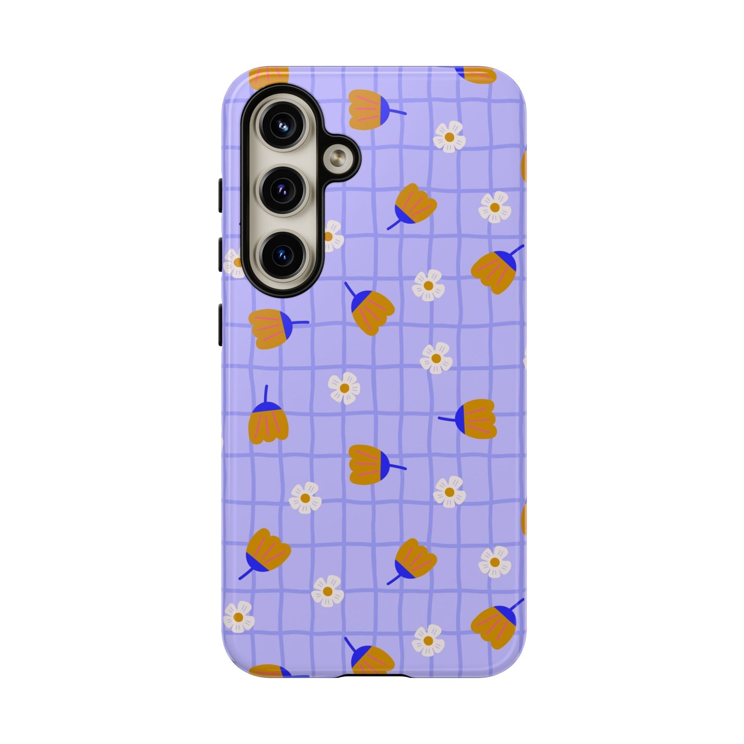 Phone Case: Flowers on Lilac Grid