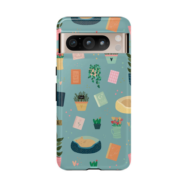 Phone Case: Book Shop Items on Blue