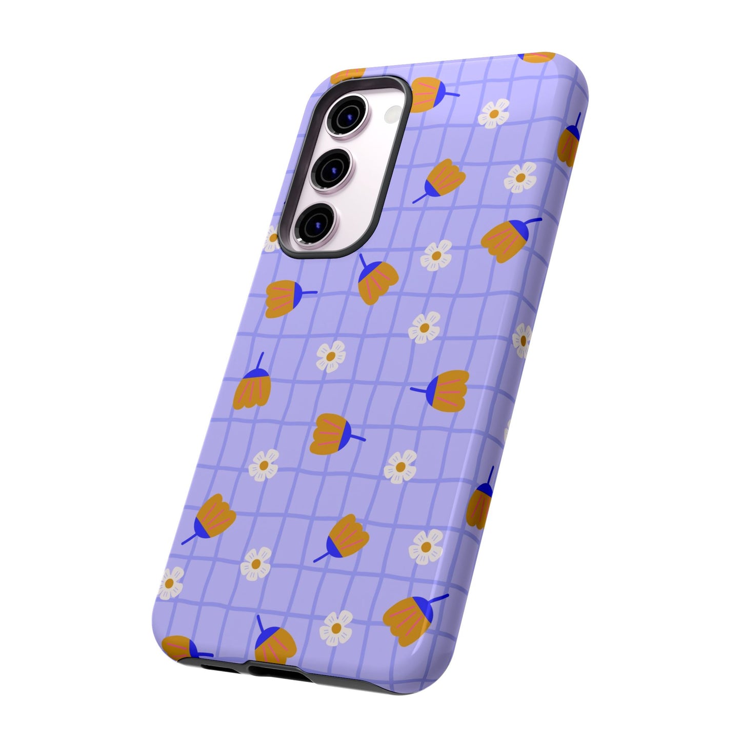 Phone Case: Flowers on Lilac Grid