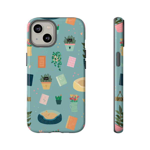 Phone Case: Book Shop Items on Blue
