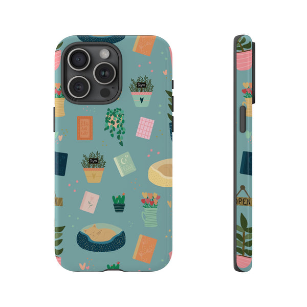 Phone Case: Book Shop Items on Blue