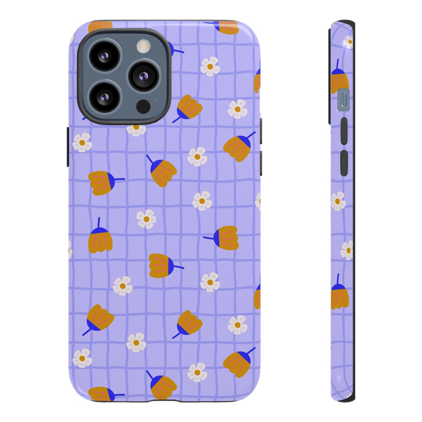 Phone Case: Flowers on Lilac Grid