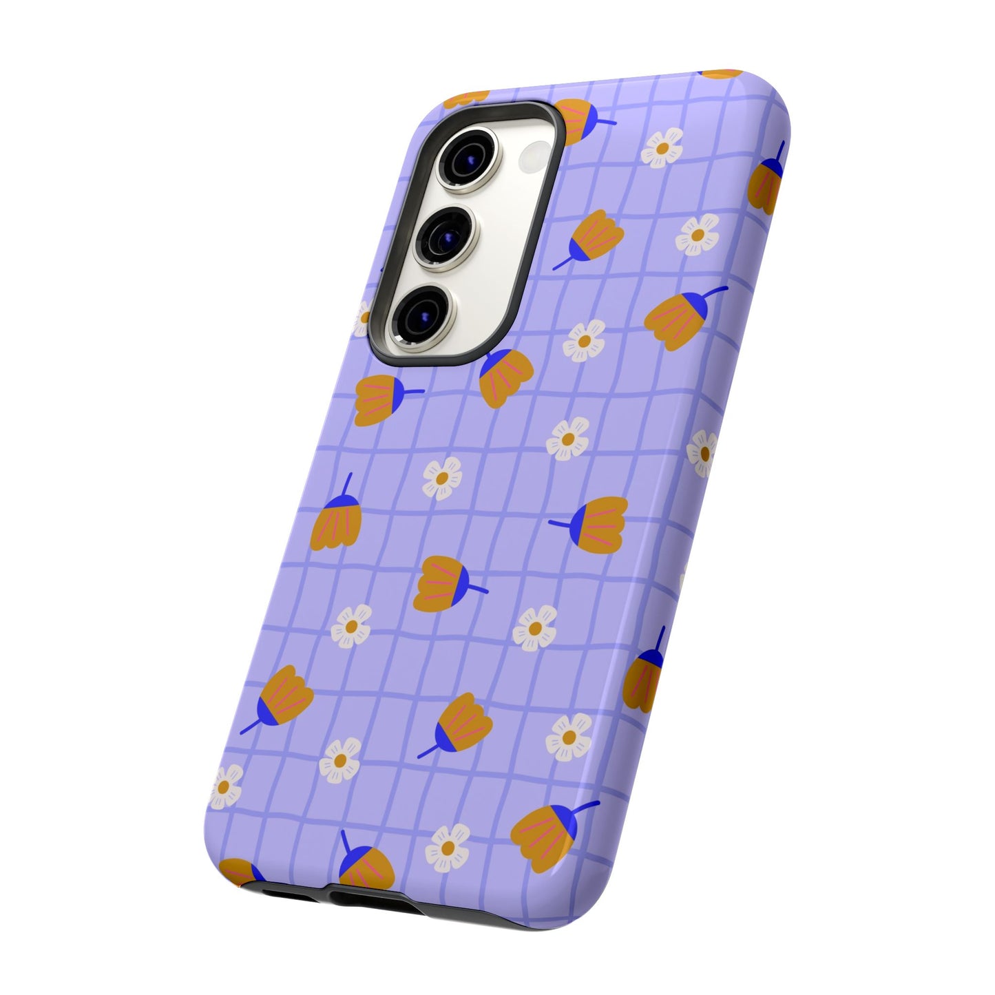 Phone Case: Flowers on Lilac Grid
