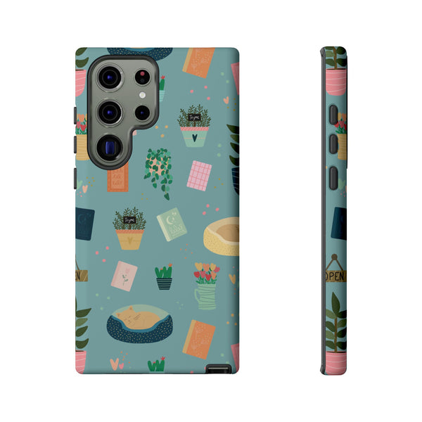 Phone Case: Book Shop Items on Blue