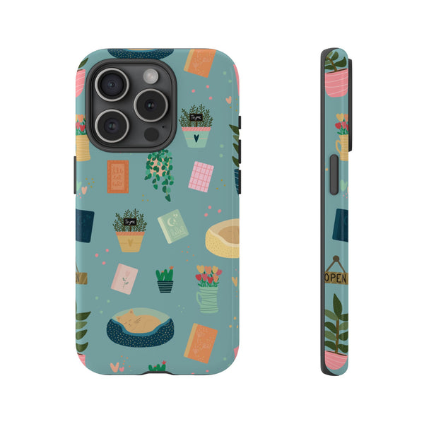 Phone Case: Book Shop Items on Blue
