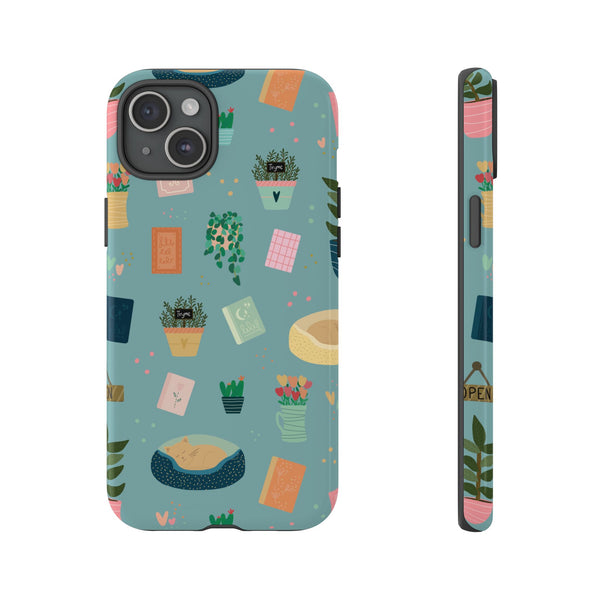 Phone Case: Book Shop Items on Blue