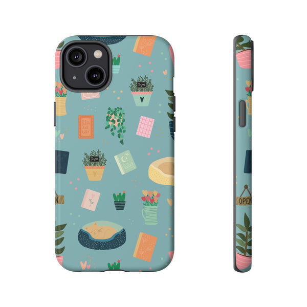 Phone Case: Book Shop Items on Blue