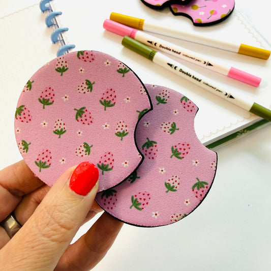 Car Coaster Set: Strawberries on Pink