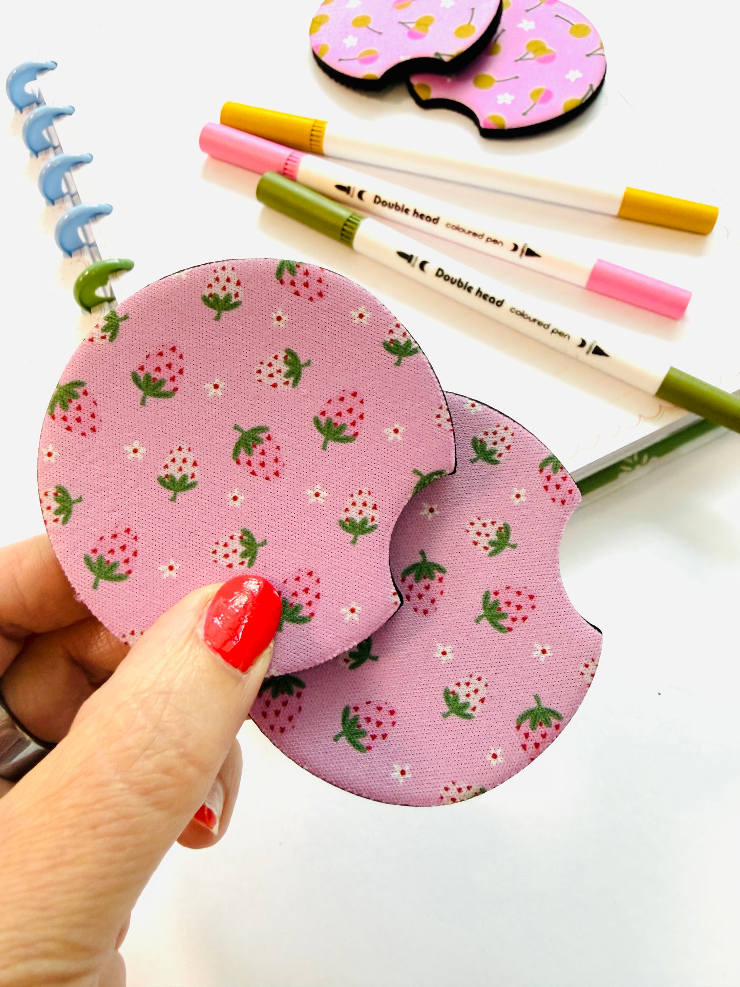 Car Coaster Set: Strawberries on Pink