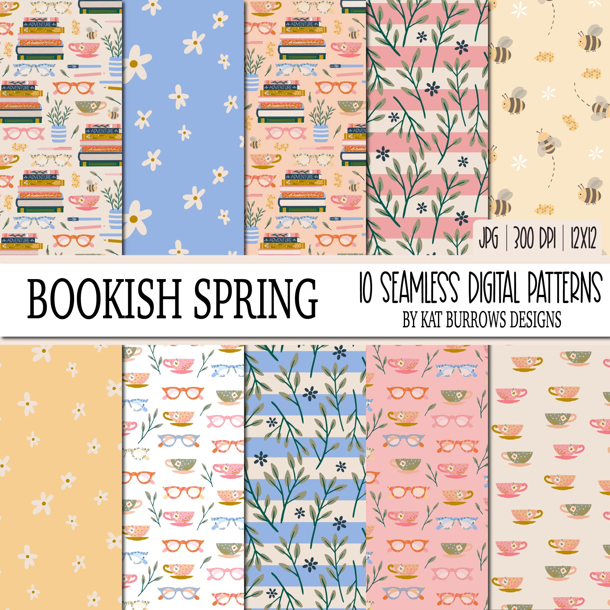 Seamless Digital Patterns Bookish Spring, Bookish Seamless Digital ...