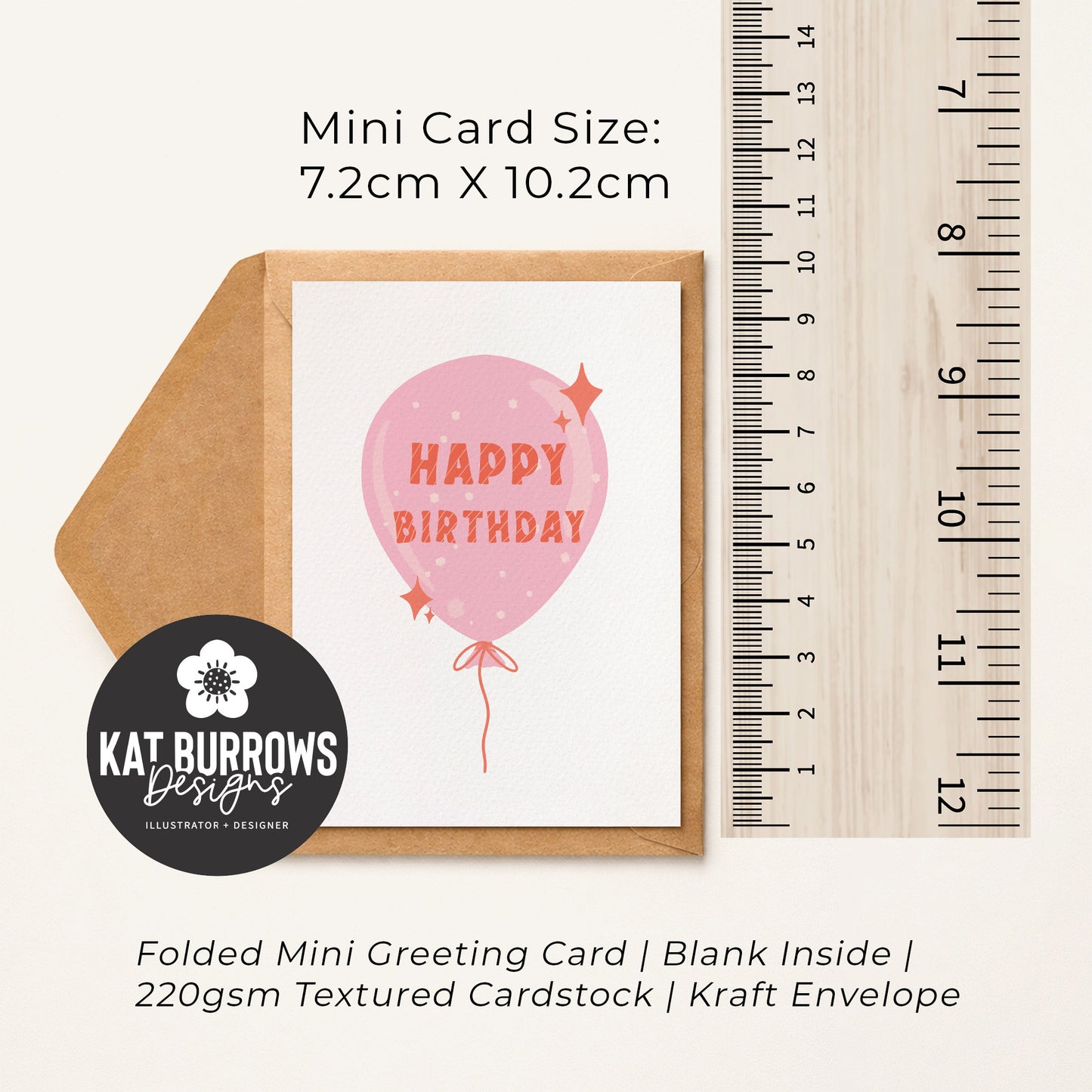 Set of 4: MINI Cards: Pink Birthday Balloon