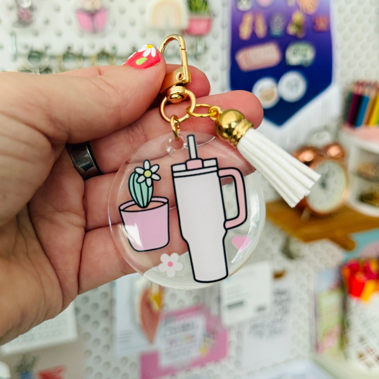 Round Keychain: Water Bottle and Cactus