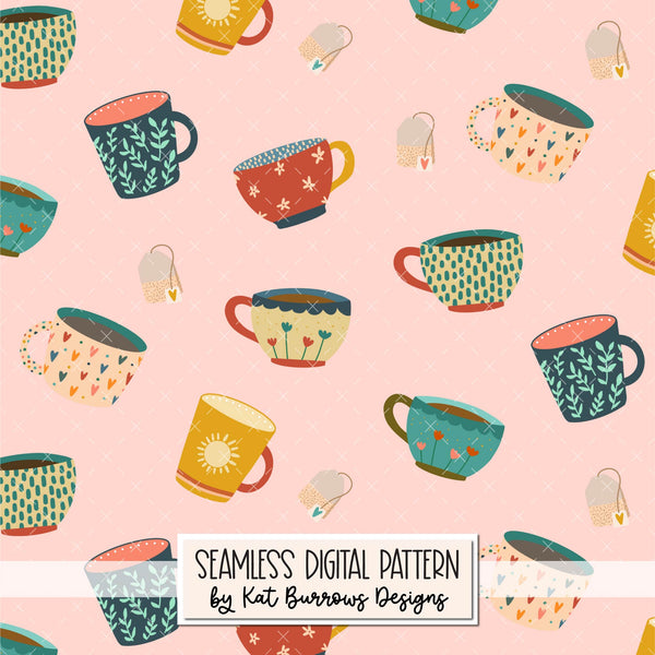 Digital Seamless Pattern: Tea Cups and Tea Bags