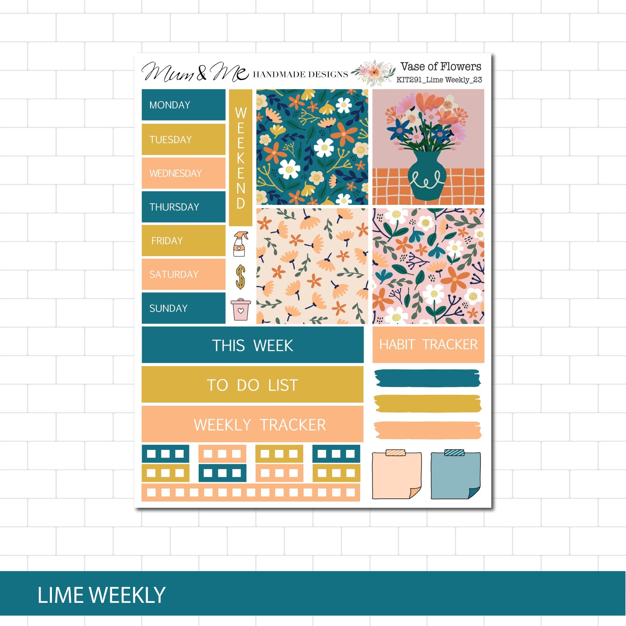 Vase of Flowers Lime Weekly Sticker Kit, Floral Sticker Kit for the ...