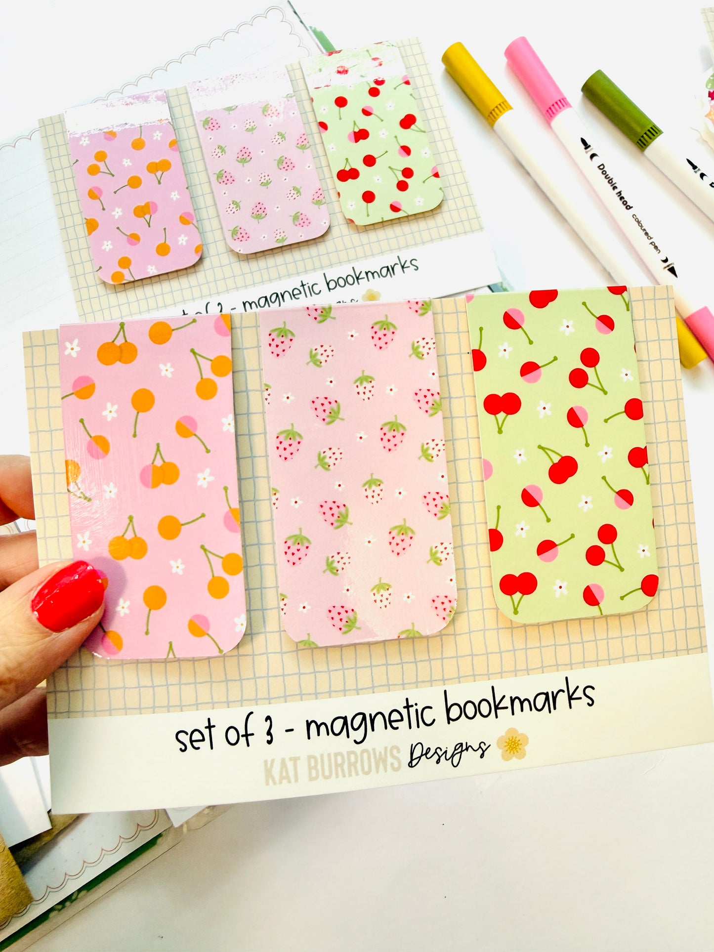 Magnetic Bookmark: Set of 3 Cherries & Strawberries