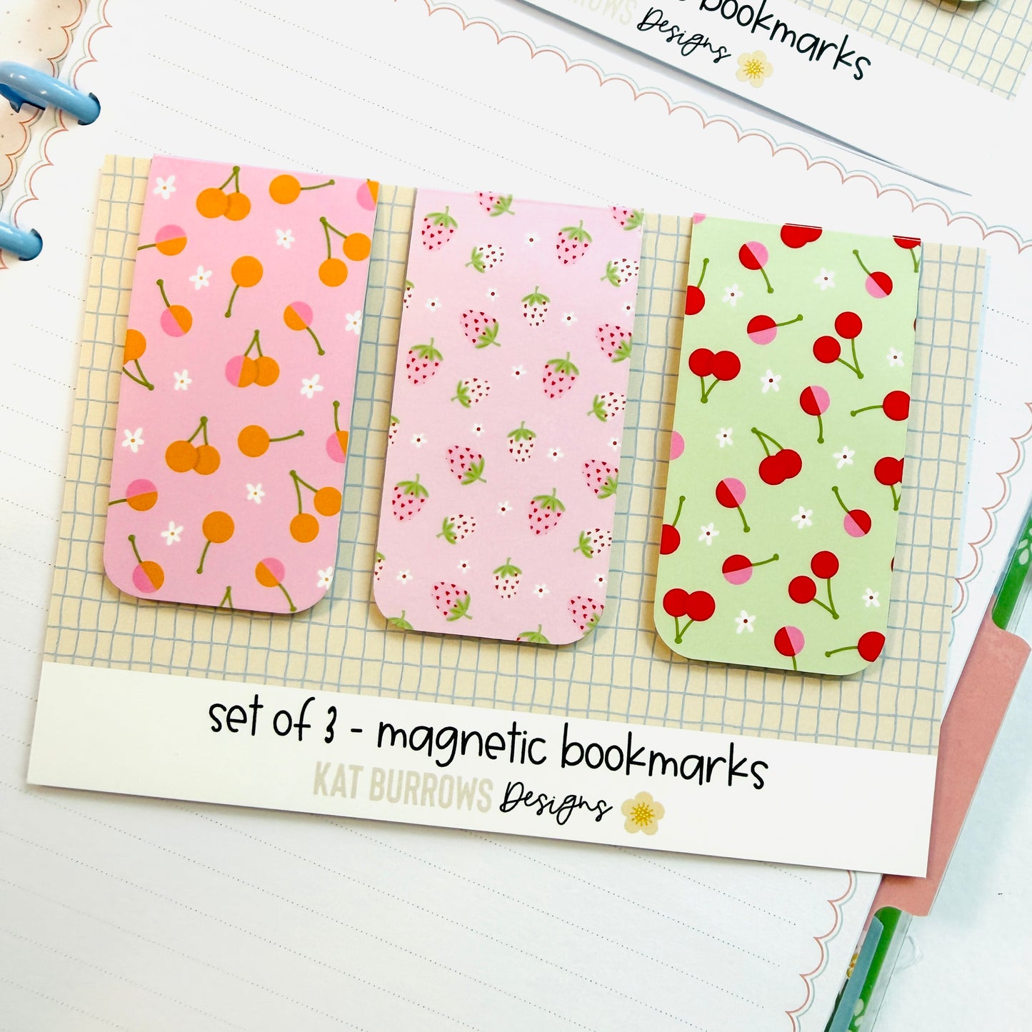 Magnetic Bookmark: Set of 3 Cherries & Strawberries