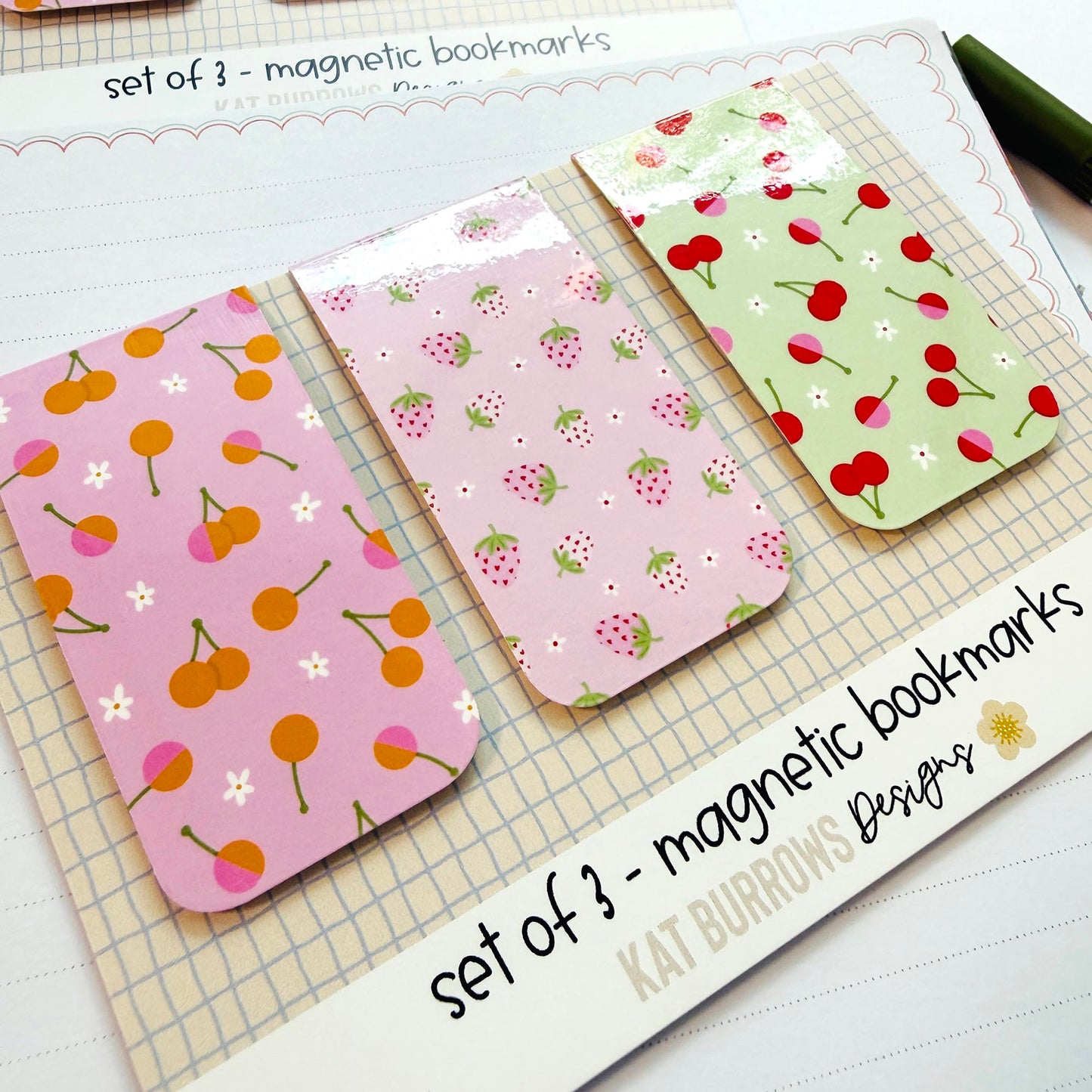 Magnetic Bookmark: Set of 3 Cherries & Strawberries