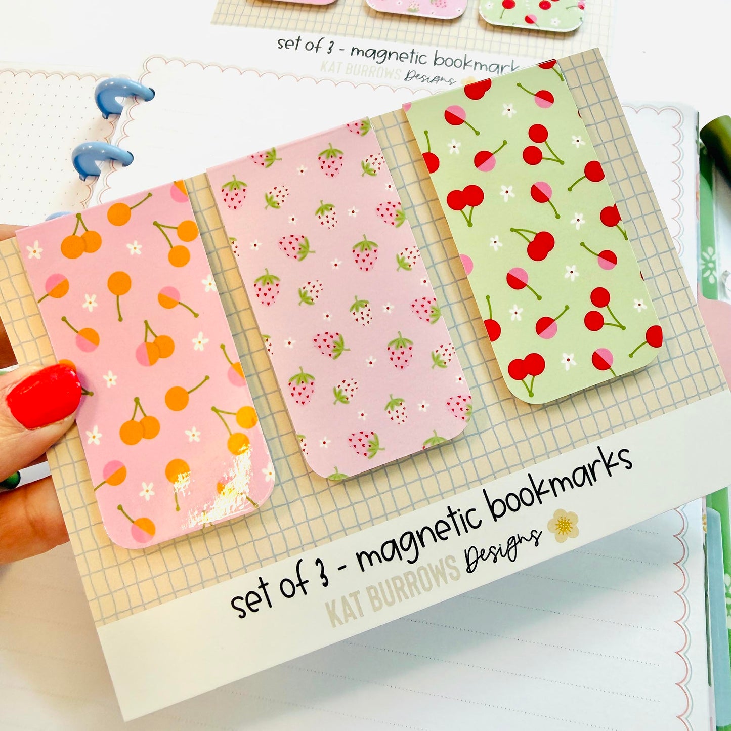 Magnetic Bookmark: Set of 3 Cherries & Strawberries