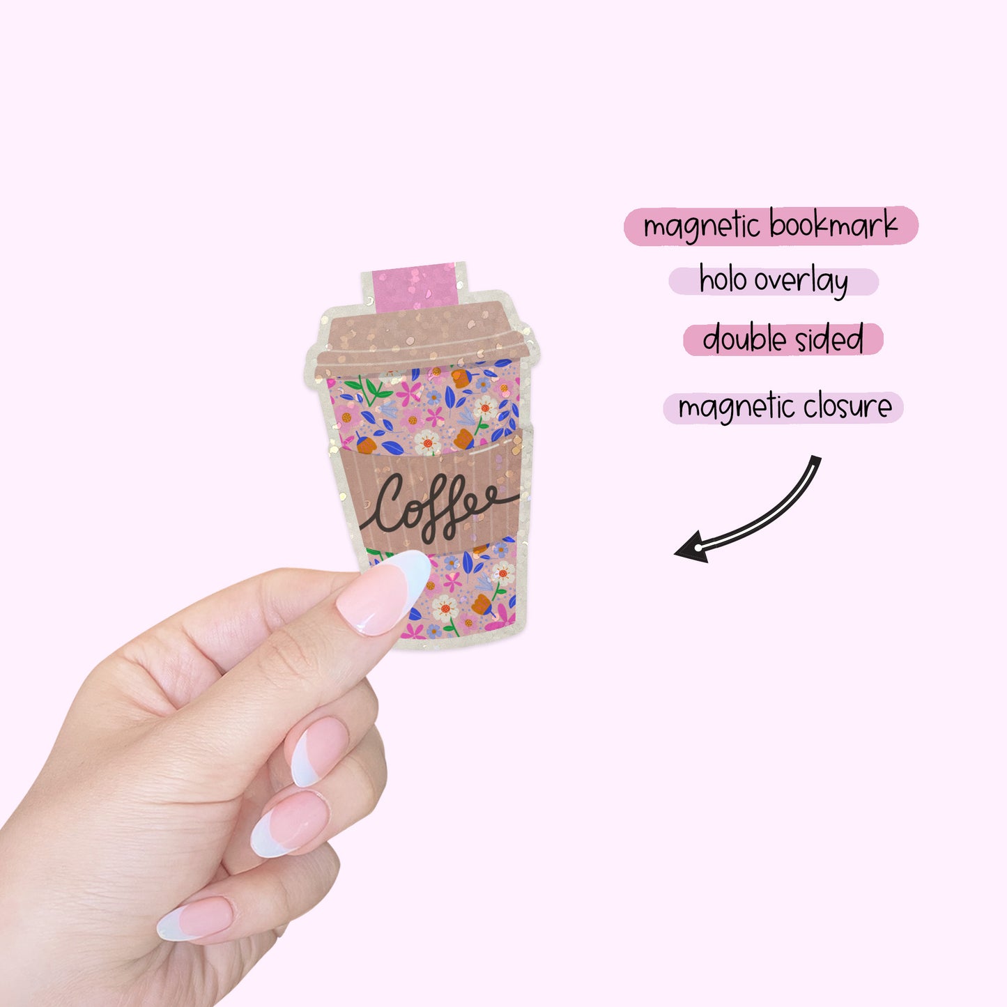 Magnetic Bookmark: Pink Floral Coffee Cup