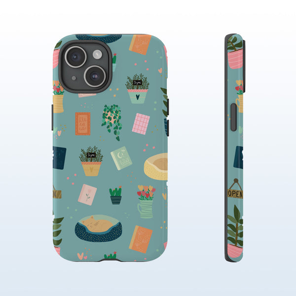 Phone Case: Book Shop Items on Blue