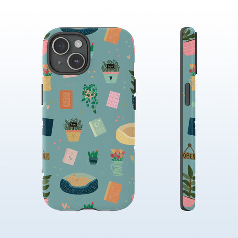 Phone Case: Book Shop Items on Blue