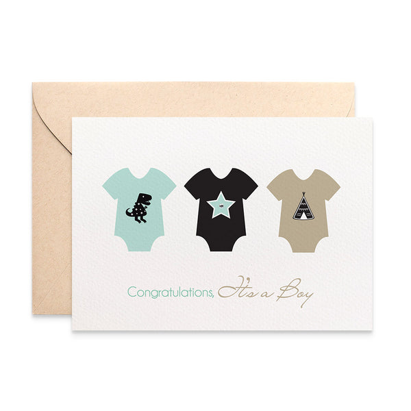 3 Baby Boy Rompers Greeting Card by mumandmehandmadedesigns- An Australian Online Stationery and Card Shop