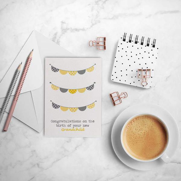 Yellow and Grey Bunting Greeting Card by mumandmehandmadedesigns- An Australian Online Stationery and Card Shop