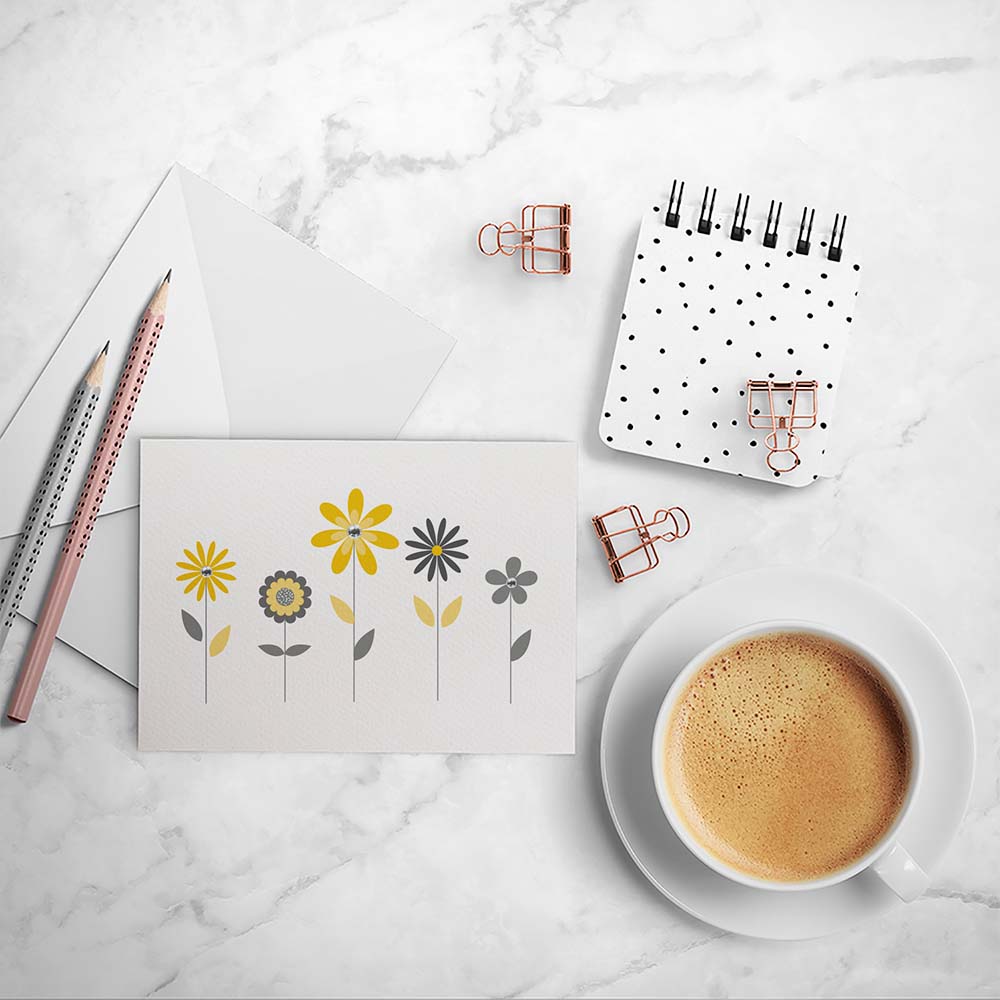 Yellow and Grey Flowers Greeting Card by mumandmehandmadedesigns- An Australian Online Stationery and Card Shop