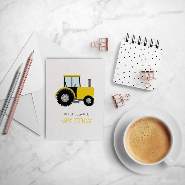Yellow and Black Tractor Greeting Card by mumandmehandmadedesigns- An Australian Online Stationery and Card Shop