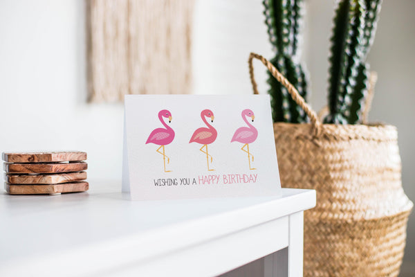 Pink Flamingos Greeting Card by mumandmehandmadedesigns- An Australian Online Stationery and Card Shop
