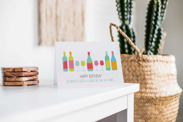 Wine Bottles and Glasses Greeting Card by mumandmehandmadedesigns- An Australian Online Stationery and Card Shop